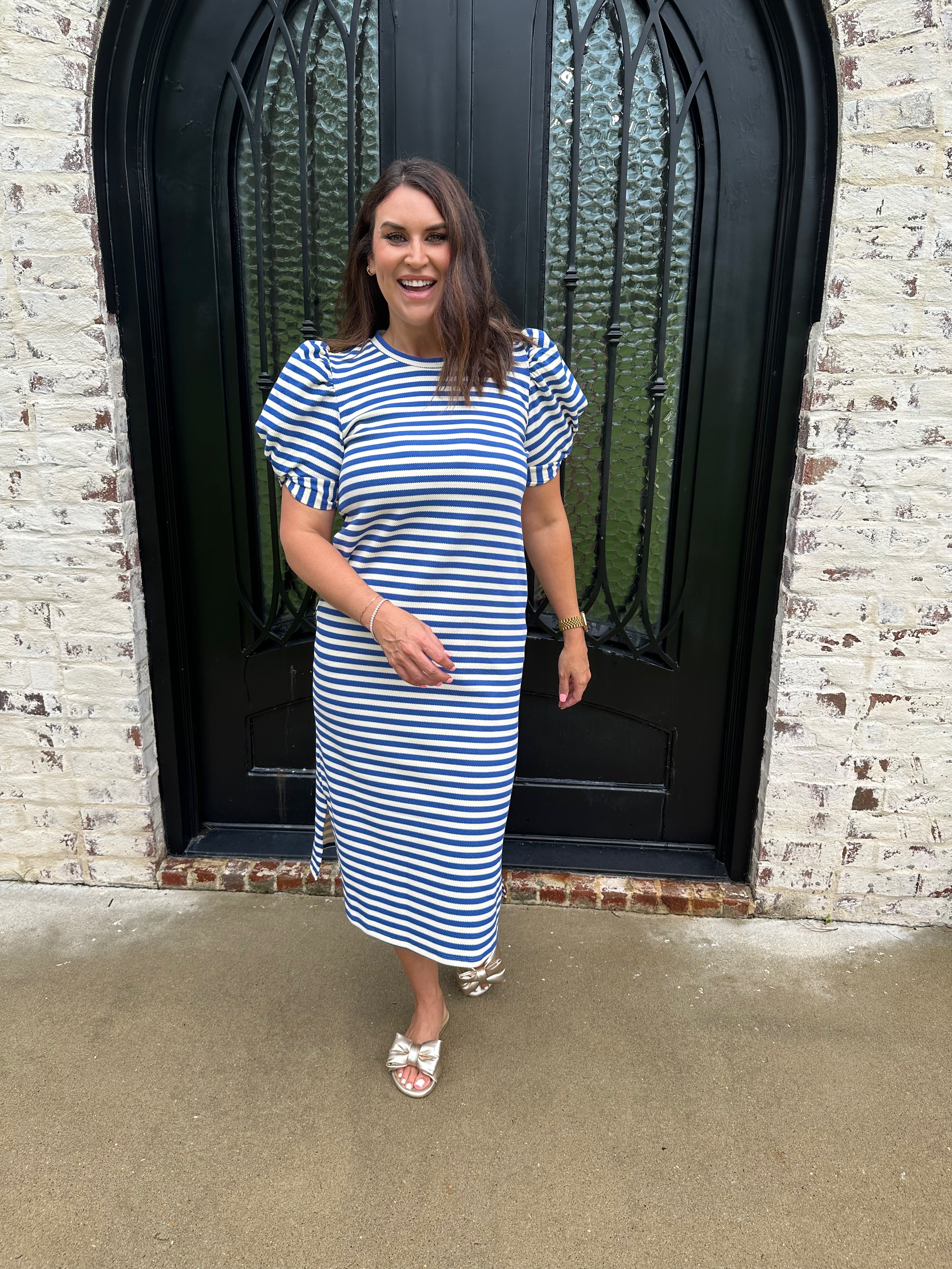 versatile midi dresses Everyday Muse Green Striped Midi Dress Small