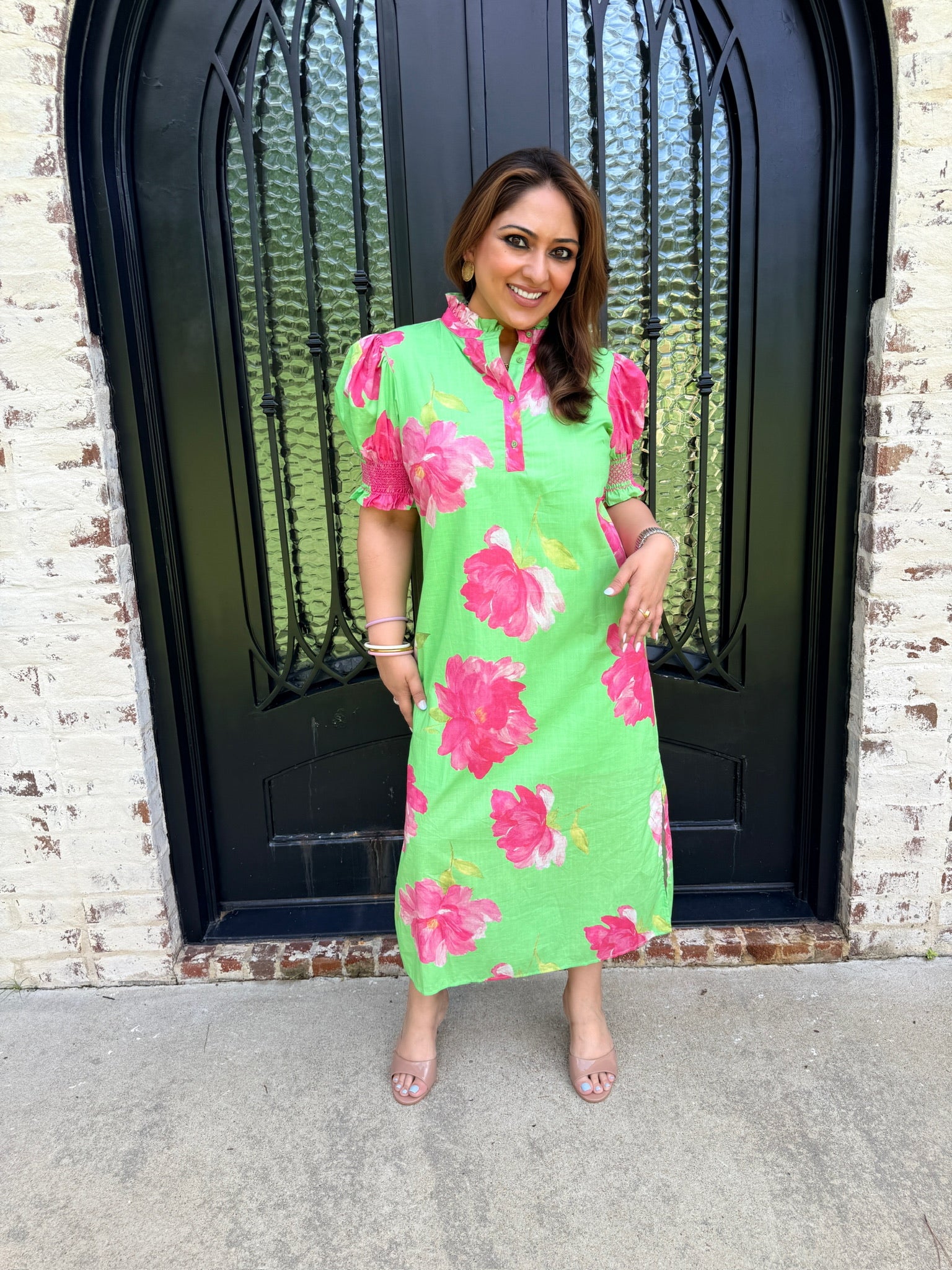 pink and lime green dress Eyelet Floral Belted Midi Dress