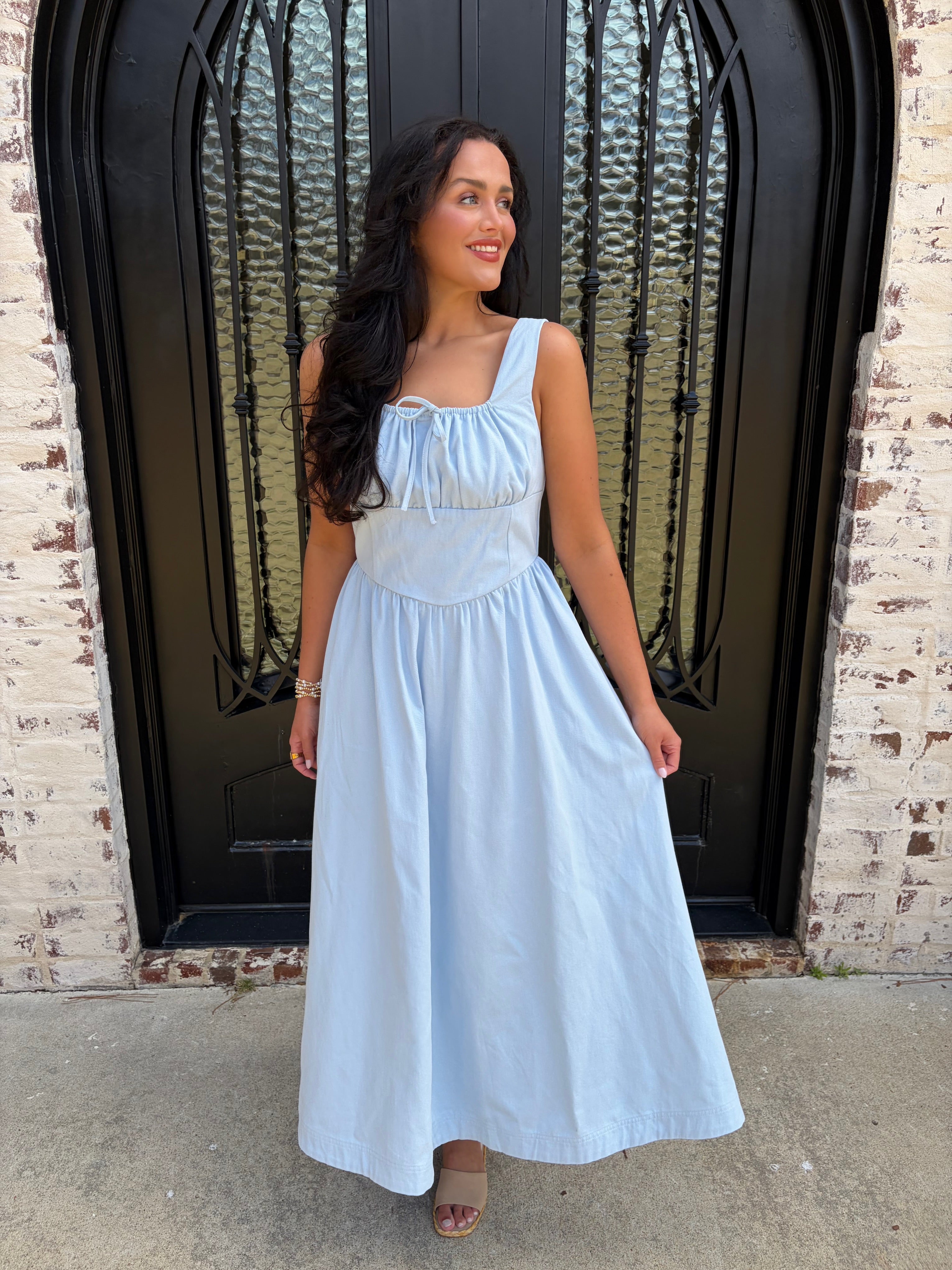 midi dress with corset Twill Corset Midi Dress Blue / L