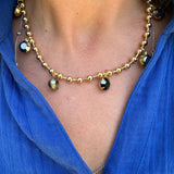 Charcoal Crystal Drop Charms Gold Necklace