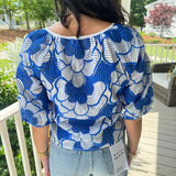 Tang Embroidered Flower Top in Blue