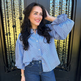 Rowan Pinstripe Voluminous Bubble Sleeve Top in Blue