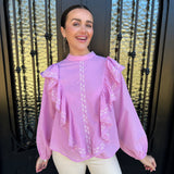 Tracey Cascading Ruffle Balloon Sleeve Blouse in Orchid Pink