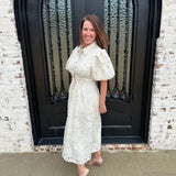 Lacey Pleated Waist Half Front Button Up Eyelet Maxi