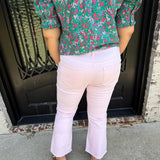 High Rise Ankle Crop Flare w/ Side Slit Fray Hem in Cherry Blossom