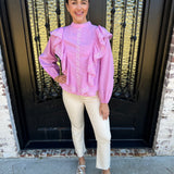 Tracey Cascading Ruffle Balloon Sleeve Blouse in Orchid Pink