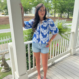 Tang Embroidered Flower Top in Blue