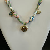 Scarf Necklace with Blue Sunset, Gold Heart, and Seashell charms