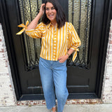 Sunny Days Stripe Button Up Puff Sleeve Top in Gold