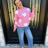 Fuzzy Heart Crewneck Sweater in Pink
