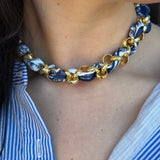 Gold Chain Wrapped Scarf Necklace in Blue and White