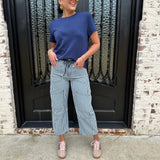 Grommet Waist Striped Wide Leg Jeans