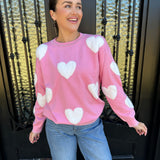 Fuzzy Heart Crewneck Sweater in Pink