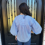 Rowan Pinstripe Voluminous Bubble Sleeve Top in Blue