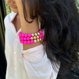 Hot Pink 3 Row Satin Gold Bead Set of 3 Bracelets