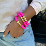 Hot Pink 3 Row Satin Gold Bead Set of 3 Bracelets
