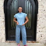 Riggs Ribbed Knit Short Sleeve Sweater in Blue