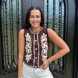 O'Conner Embroidered Knitted Vest in Dark Brown