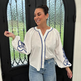 Soutache Contrast Detail Puff Sleeve Blouse in Ivory