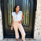 Jaycee Solid Poplin V-Neck Bubble Top in White