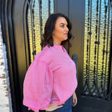 Rowan Pinstripe Voluminous Bubble Sleeve Top in Pink