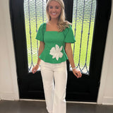 Emmy Linen Top in Emerald/White