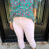 High Rise Ankle Crop Flare w/ Side Slit Fray Hem in Cherry Blossom