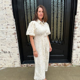 Lacey Pleated Waist Half Front Button Up Eyelet Maxi