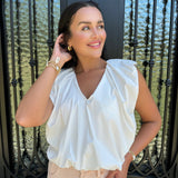 Jaycee Solid Poplin V-Neck Bubble Top in White