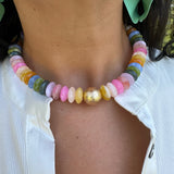 Multi Color Beads & Metal Gold Ball Necklace