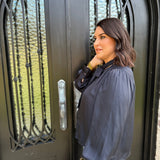 Button Down Shirt with Tie Neck in Ink