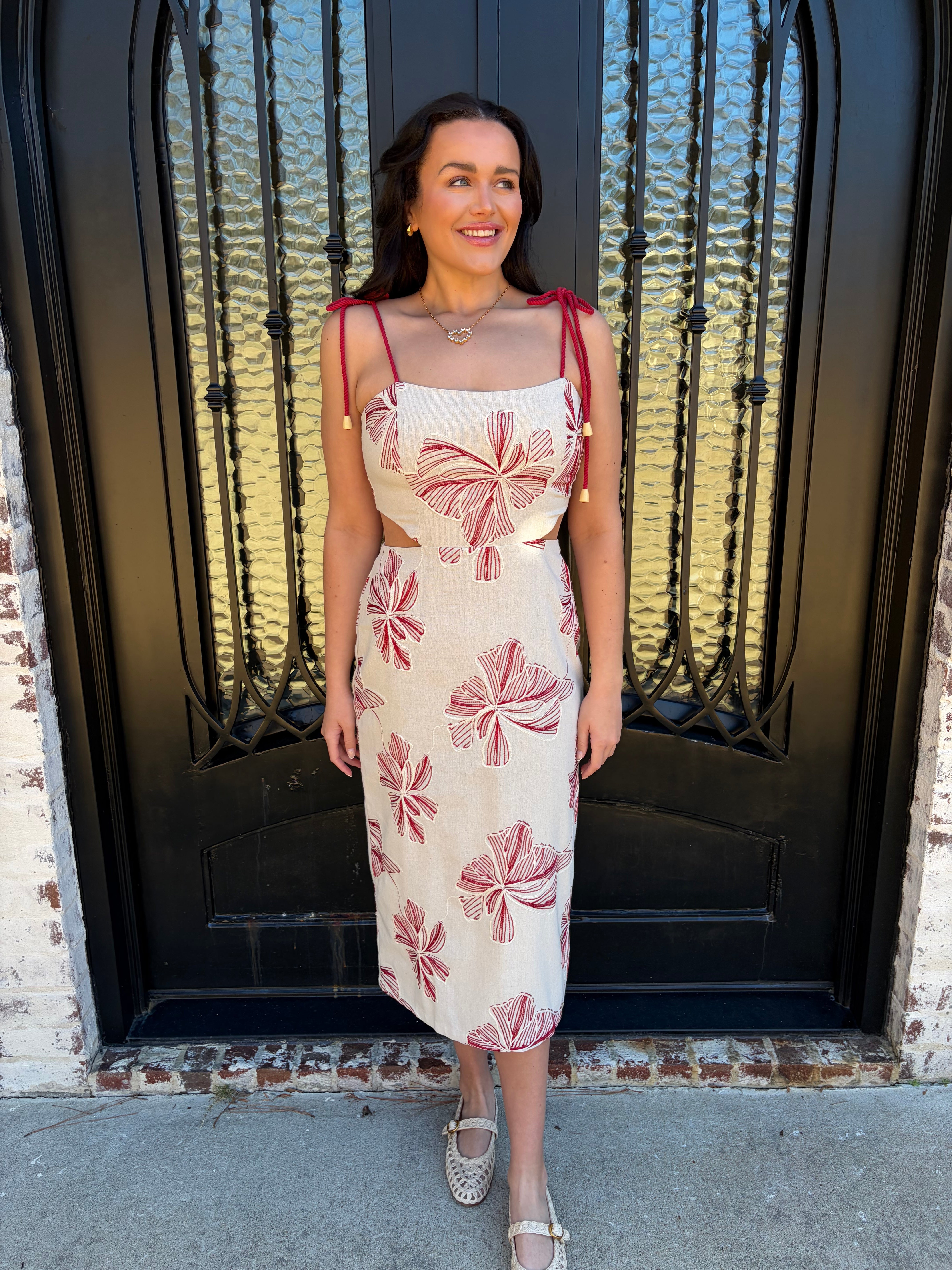 column midi dress Selena Embroidered Column Midi Dress Natural/Red / M
