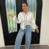Soutache Contrast Detail Puff Sleeve Blouse in Ivory