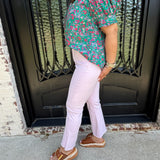 High Rise Ankle Crop Flare w/ Side Slit Fray Hem in Cherry Blossom