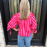 Sunny Days Stripe Button Up Puff Sleeve Top in Pink