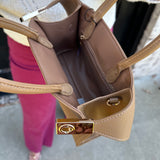 Top Handle Leather Purse with Gold Buckles in Camel
