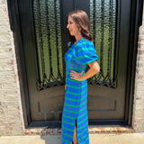 Margo Puff Sleeve Blue/Green Stripe Maxi