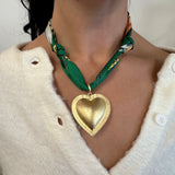 Scarf Necklace with Large Gold Matte Heart in Green