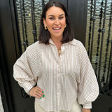 Brooks Batwing Seersucker Button Up Top in Almond