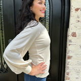 Ribbed Satin Sleeve Janie Top in Pearl