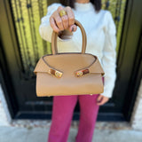 Top Handle Leather Purse with Gold Buckles in Camel