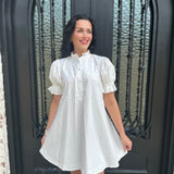 Karlie Solid Poplin Ruffle Neck Pleated Dress