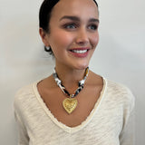 Scarf Necklace with Large Gold Matte Heart