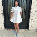 Karlie Solid Poplin Ruffle Neck Pleated Dress