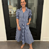 Betty Striped V-neck Midi Dress in Blue