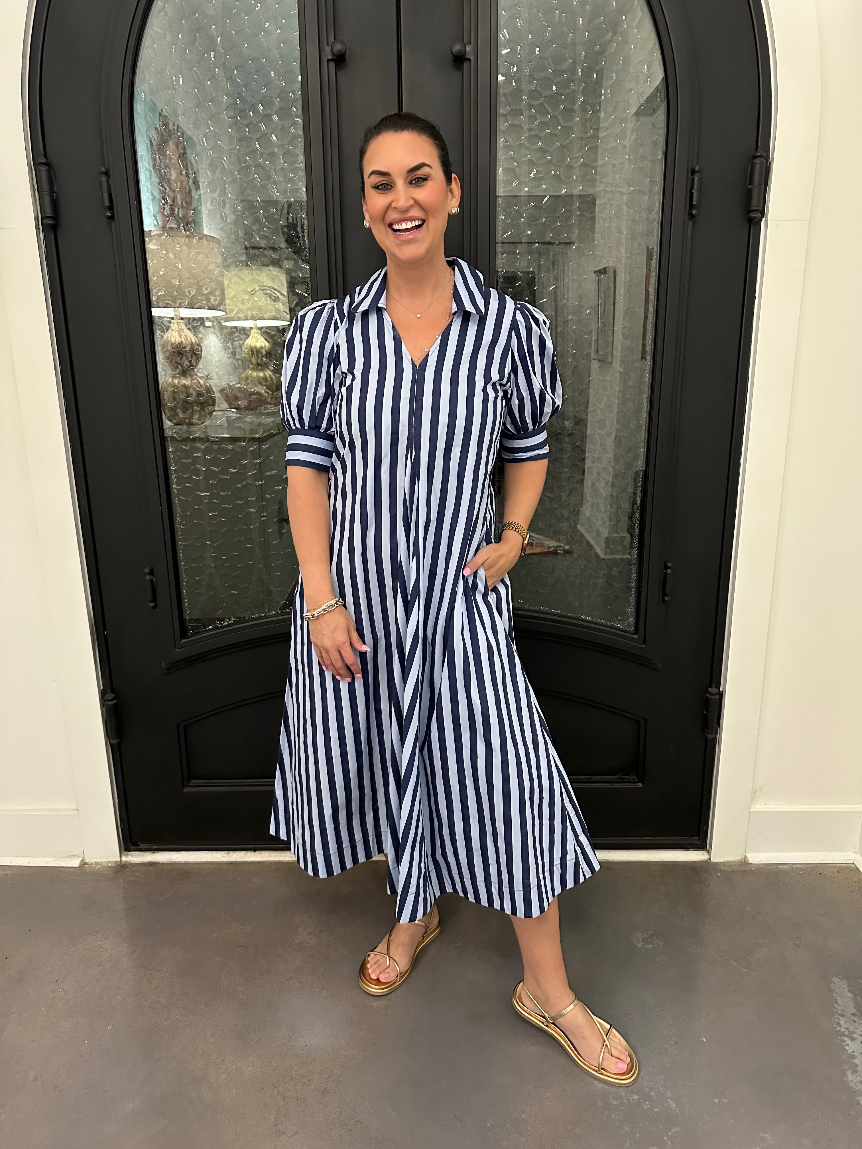 Betty Striped V-neck Midi Dress in Blue S Betty Striped V-neck Midi Dress in Blue S