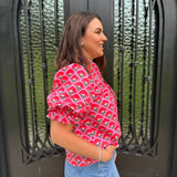 George Floral Smocked V-Neck Top in Pink