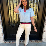 Anne Michael Stripe Accent V-Neck Textured Top