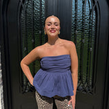 Bubbled Peplum Tube Top in Navy