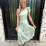One Shoulder Midi Dress in Sage